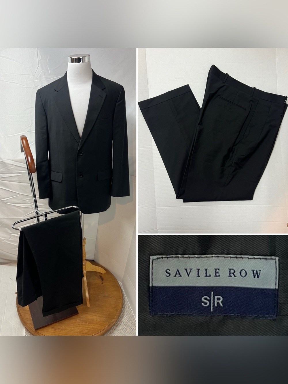 Savile Row Men's 44R Blazer Jacket 38x32 Pants Black Wool Suit